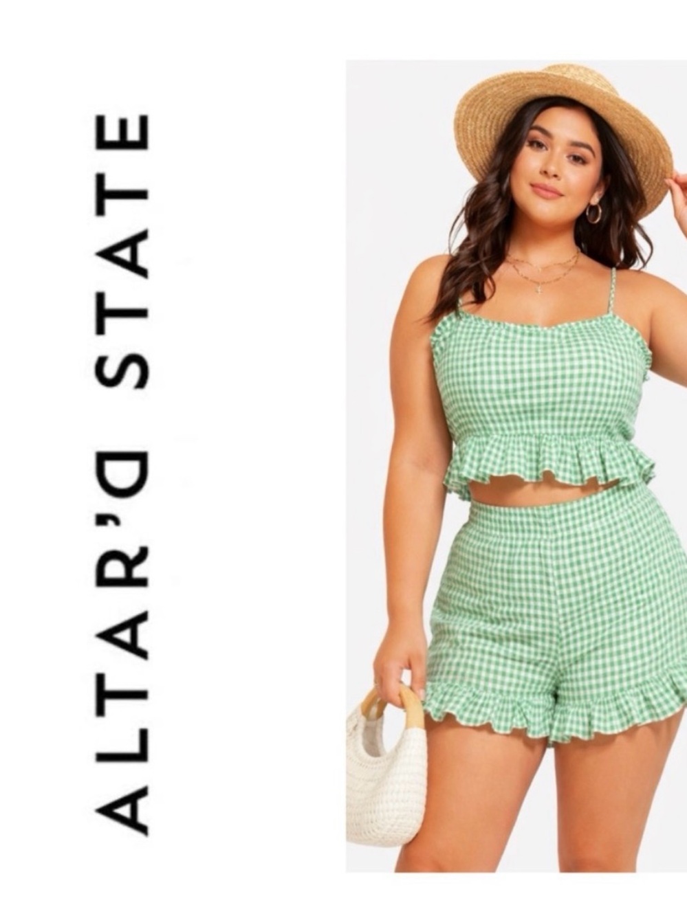 Altard State ruffle mini green gingham summer set top and shorts women’s size S
